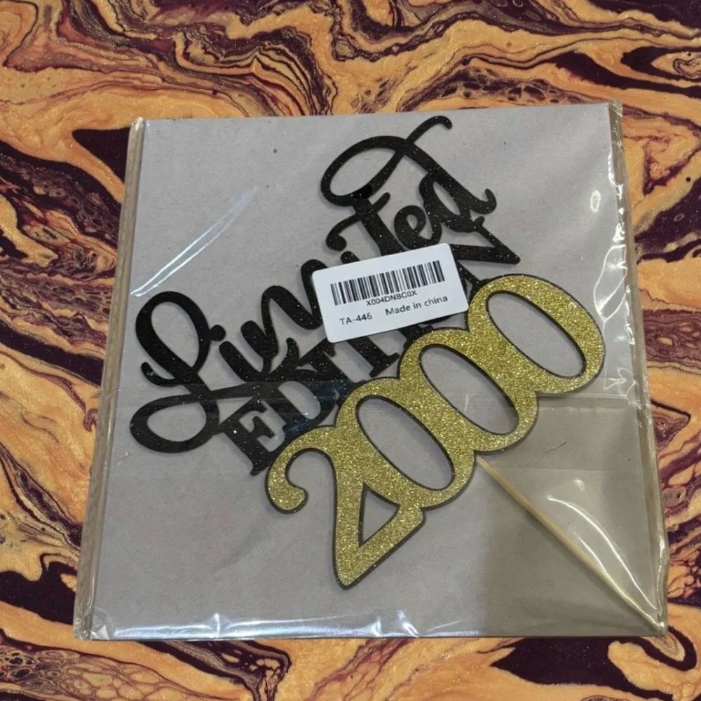 Limited Edition 2000 Cake Topper - Black and Gold Glitter Party Decoration
